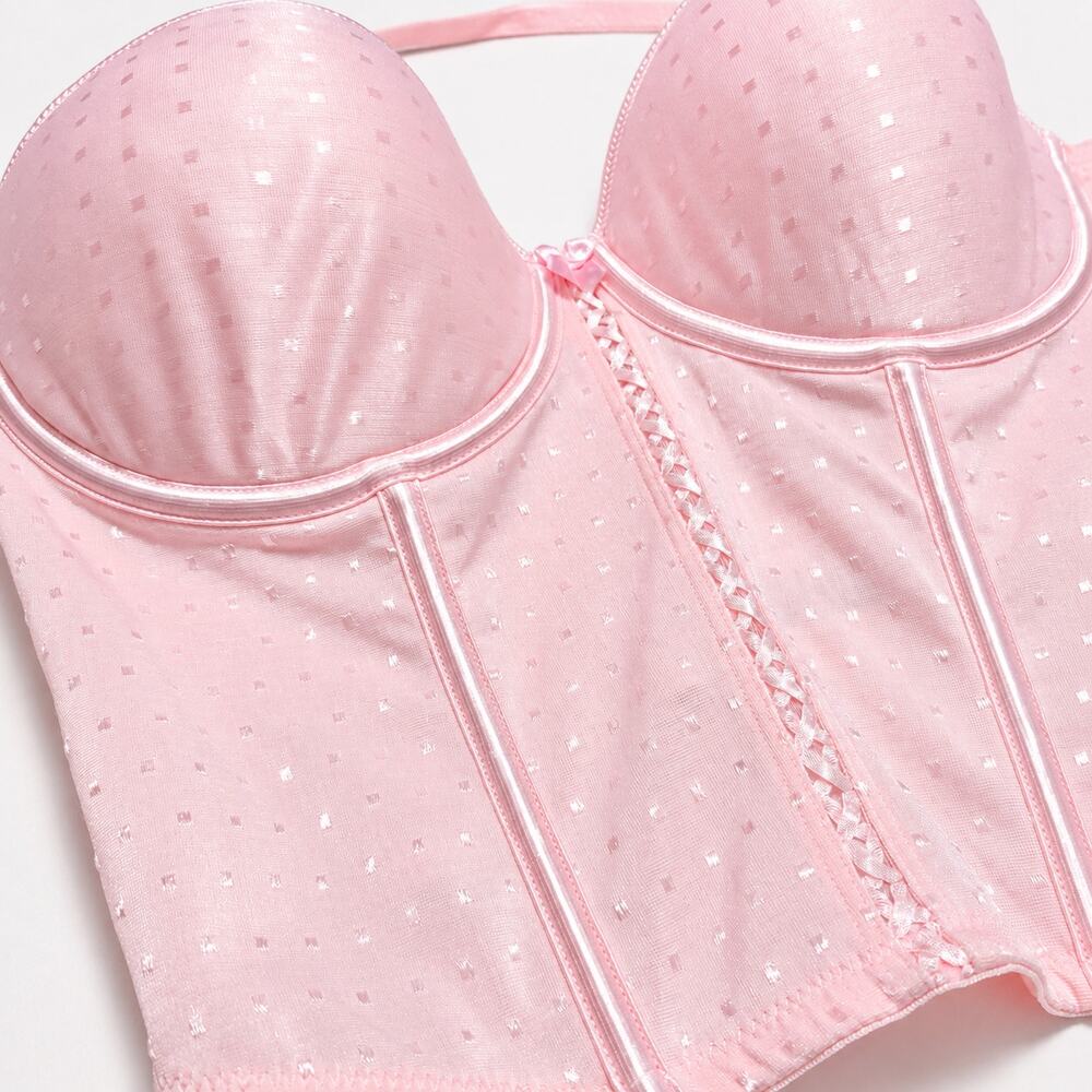 Vassarette Longline Corset Bra Pink Satin Swiss Dot Underwire 38C Coquette